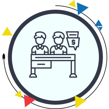 Finansal konsültasyonu, iş toplantısını veya profesyonel hizmetleri temsil eden para konuşma balonuyla masada oturan iki kişiyi gösteren yaratıcı simge