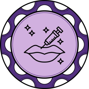 Parıltılarla çevrili dolgun dudakları enjekte eden bir şırınga kozmetik geliştirme ya da dermatolojik prosedürü işaret eder..