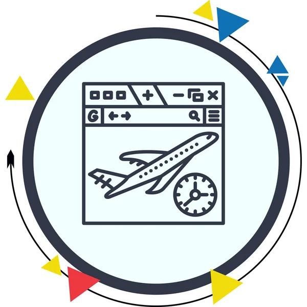 Seyahat web sayfaları için web tarayıcı penceresindeki bir uçak ve saatin basit bir çizgisi çizimi.