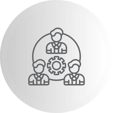 Dairesel amblem, takım çalışmasını ve endüstriyel işbirliğini sembolize etmek için gri ve pembe arka planda büyük teçhizatları çevreleyen resimli adamları gösteriyor..