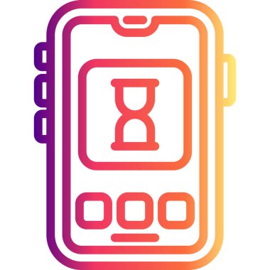 Beyaz dairesel arkaplanda üç düğmeli kum saati simgesini gösteren akıllı telefon. Uygulamalar veya web sayfaları için mobil zaman yönetimi uygulama arayüzü.