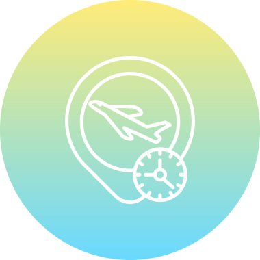 Uçuş takibi veya seyahat uygulamalarındaki varış zamanı bilgisi için uygun konum işaretleyicisi ve saate sahip bir uçağın basit bir çizgisi çizimi.