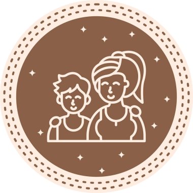 Açık gri eğimli bir daire içinde gülümseyen bir kadın ve çocuğun minimalist çizgi simgesi.