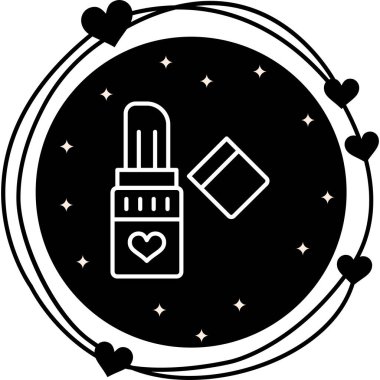 Kalp amblemi ve ayrı bir kapağı olan basit bir ruj tüpü simgesi. Bu minimalist grafik güzellik veya alışveriş temalı uygulamalar için idealdir.