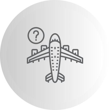 A simple line drawing of an airplane with a question mark suitable for travel apps or web pages.