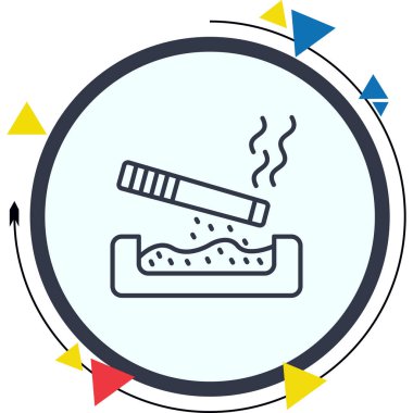 Kül tablasının üzerinde yükselen duman ve düşen kül ile yanan bir sigara tasvir eden minimalist çizgi simgesi.
