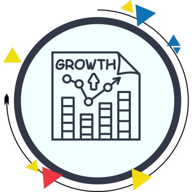 Satır grafiğinin yer aldığı belge sayfası yukarı yönlü eğilimleri, bar çizelgelerini, metin büyümesini, yukarı bakan oku gösteriyor. Siyah dairenin içinde beyaz çizgili grafikler. Finansal başarı için basit iş analizi sunumu.