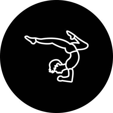 Minimalist çizgi ikonu, erkek figürünün dairesel düğme içinde poziyon vermesi gelişmiş fitness, denge ve atletik gücü temsil eder..