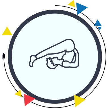 Minimalist çizgi ikonu, yoga, ileri esneme ve fiziksel uygunluğu temsil etmek için saban pozisyonu alan bir erkek figürüne sahip..
