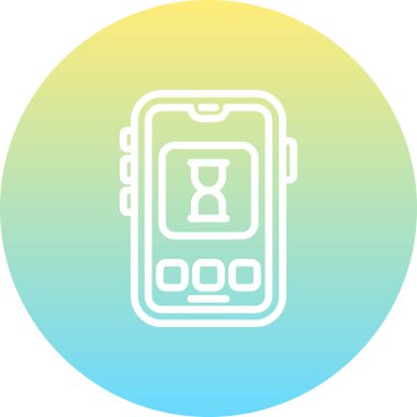 Beyaz dairesel arkaplanda üç düğmeli kum saati simgesini gösteren akıllı telefon. Uygulamalar veya web sayfaları için mobil zaman yönetimi uygulama arayüzü.