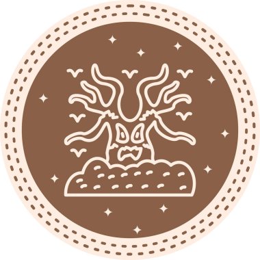 Gövdesinde tehditkar bir yüzle ürkünç eğri büğrü bir ağaç ve etrafında uçuşan kuşlar, süslü dairesel bir çerçevenin içinde. Uygulama için uygun simge.