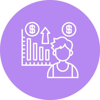 Yükselen çubuk grafiği ve finansal uygulamalar için para birimi sembolleri olan bir adamın basit bir çizgi çizimi.