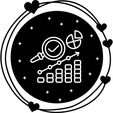 Kontrol işareti, pasta grafiği ve yükselen çubuk grafiği olan büyüteç çizimi.