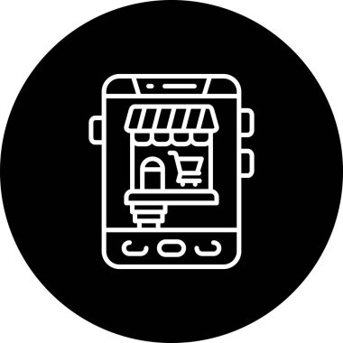 Ekranda e-ticaret platformu veya dijital perakende satış platformunu temsil eden mağaza simgesi ve alışveriş arabası sembolüyle mobil alışveriş uygulaması gösteren akıllı telefon