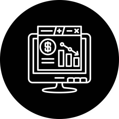 Finans paneli, dolar sembolü, bar grafiği ve ekonomik kaybı gösteren aşağı yönlü eğilim okuyla muhasebe yazılım arayüzünü gösteren bilgisayar monitörü