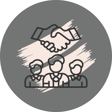 Merkezi dairesel amblemde, resmi bir iş anlaşmasını temsil eden erkekler ve dijital devre hatlarıyla çevrili iki el titriyor..