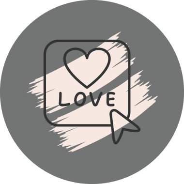 Yuvarlak kare düğme içinde sevgi sözcüğüyle basit bir kalp çizimi bilgisayar fare imleci ile dairesel sınırda oturur.