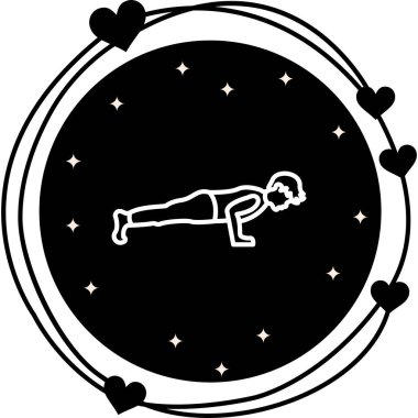 minimalist çizgi simgesi, erkek figürü dairesel düğme içinde besin, güç ve fiziksel eğitimi temsil eden tahta pozlar veriyor.