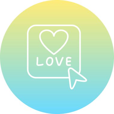 Yuvarlak kare düğme içinde sevgi sözcüğüyle basit bir kalp çizimi bilgisayar fare imleci ile dairesel sınırda oturur.