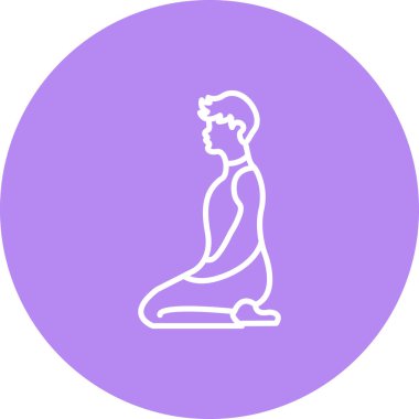 Minimalist çizgi ikonu, yoga, meditasyon ve sakin fiziksel sağlığı temsil etmek için Vajrasana 'ya şimşek pozu veren bir erkek figürüne sahip..