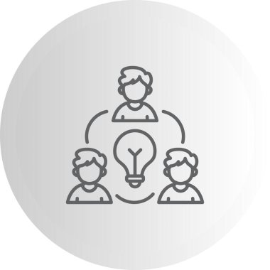 Minimalist taslak ikonu, beyin fırtınası ve kolektif fikir üretimini temsil eden büyük ampulün etrafında daire çizen üç kişiyi gösteriyor..