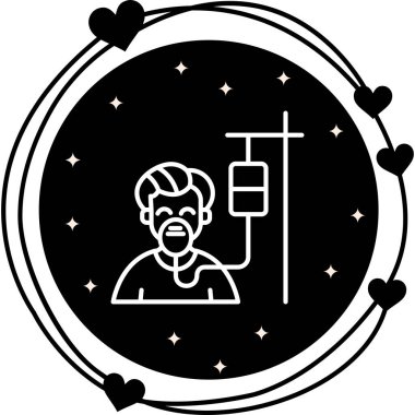 Sağlık hizmeti grafikleri, hastane uygulamaları veya tıbbi web sayfaları için uygun oksijen maskesi ve damar içi damlası olan bir hastayı gösteriyor..