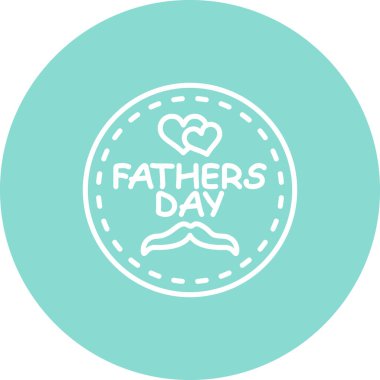 İçinde iki kalp, bir bıyık ikonu ve kutlama metni bulunan dairesel Babalar Günü rozeti, bayram selamlama uygulamaları veya mevsimsel web afişleri için uygun.