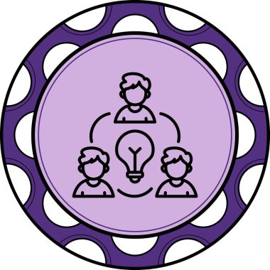 Minimalist taslak ikonu, beyin fırtınası ve kolektif fikir üretimini temsil eden büyük ampulün etrafında daire çizen üç kişiyi gösteriyor..