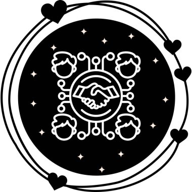 Merkezi dairesel amblemde, resmi bir iş anlaşmasını temsil eden erkekler ve dijital devre hatlarıyla çevrili iki el titriyor..