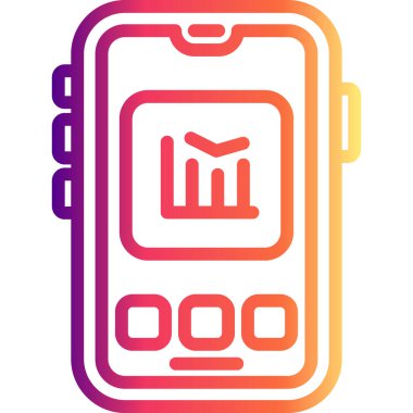 Beyaz dairesel arkaplan içinde ekranda üç düğme bulunan akıllı telefon çizelgesi. Uygulamalar veya web sayfaları için mobil iş analizi arayüzü.