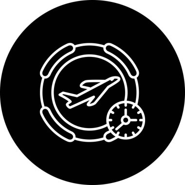 simple airplane graphic icon with a clock