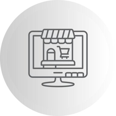 Bilgisayar monitörü, e-ticaret platformu veya dijital perakende satış platformunu temsil eden ekranda depolama simgesi ve alışveriş arabası simgesi ile çevrimiçi alışveriş arayüzü görüntülüyor