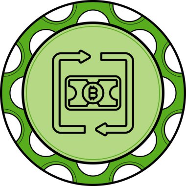 Dijital para değişimi ve tirajı temsil eden kare okların çerçevelediği kripto para birimi sembollü minimalist banknot simgesi