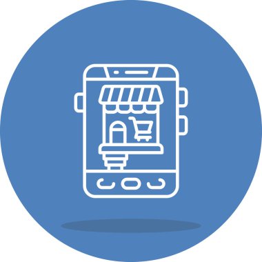 Ekranda e-ticaret platformu veya dijital perakende satış platformunu temsil eden mağaza simgesi ve alışveriş arabası sembolüyle mobil alışveriş uygulaması gösteren akıllı telefon