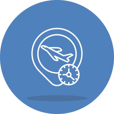 A simple line illustration of an airplane with a location pin marker and a clock, suitable for flight tracking or arrival time information on travel apps.