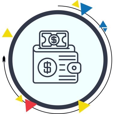 Dolar banknotu ve tasarruf, kişisel finans yönetimi veya dijital ödeme hesabını temsil eden madeni para sembolleriyle cüzdanın minimalist simgesi