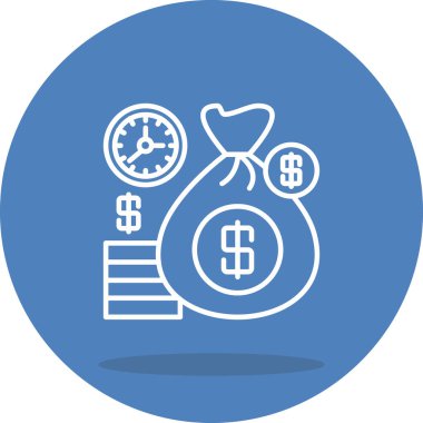 Zenginlik birikimi, zaman yönetimi ve yatırım büyümesini temsil eden bir para çantası, saat ve istiflenmiş paraların yer aldığı mali bir illüstrasyon.