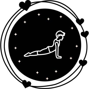 Minimalist çizgi simgesi, spor, esneklik ve sağlığı temsil eden dairesel düğme içinde kobra yoga pozu veren erkek figürüne sahiptir..