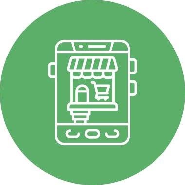 Ekranda e-ticaret platformu veya dijital perakende satış platformunu temsil eden mağaza simgesi ve alışveriş arabası sembolüyle mobil alışveriş uygulaması gösteren akıllı telefon