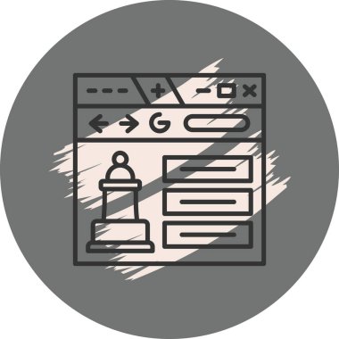 Arama ve menü ögeleri ile bir web tarayıcı arayüzünde gösterilen satranç piyonunu tasvir eden minimalist satır simgesi.