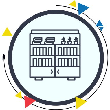 Kitaplar, dosyalar ve organizasyon uygulamaları veya iç web sayfaları için uygun küçük saksı bitkilerinin yer aldığı bir raf gösteren iç ofis grafikleri.