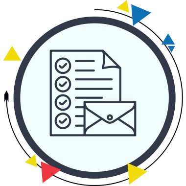 İşaretli bir belge, dairesel arkaplan içindeki kapalı bir zarfın arkasında oturur.