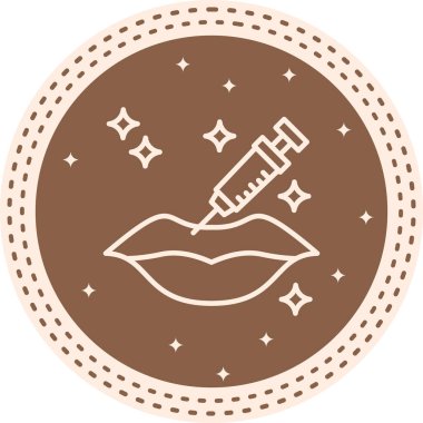 Parıltılarla çevrili dolgun dudakları enjekte eden bir şırınga kozmetik geliştirme ya da dermatolojik prosedürü işaret eder..