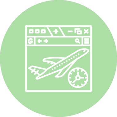 Seyahat web sayfaları için web tarayıcı penceresindeki bir uçak ve saatin basit bir çizgisi çizimi.