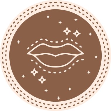 Kırpılmış cerrahi işaretleri olan ve fırça darbesine karşı parıldayan insan dudaklarının çizgi simgesi..