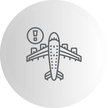 A simple line drawing of an airplane with an exclamation mark suitable for travel apps or web pages.