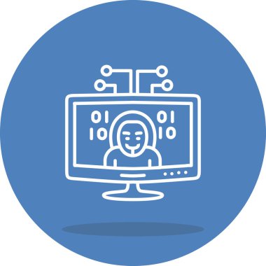 computer monitor displays a hooded figure and binary code, representing cybercrime and hacking through a digital network