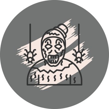 Korkunç palyaço şapkası ve yırtık pırtık kostüm giymiş, ağlardan sarkan iki örümceğin çizgisi..