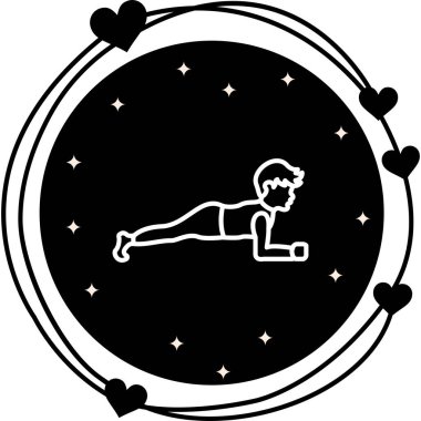 Minimalist çizgi simgesi, temel dayanıklılık ve uygunluğu temsil eden dairesel bir düğme üzerinde düşük kalas egzersizi yapan bir erkek figürüne sahiptir..