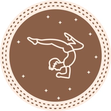 Minimalist çizgi ikonu, erkek figürünün dairesel düğme içinde poziyon vermesi gelişmiş fitness, denge ve atletik gücü temsil eder..